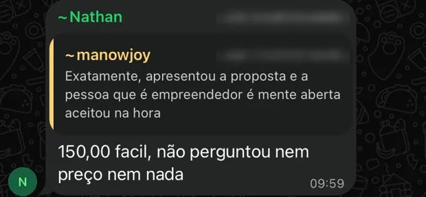 Aluno contando que vendeu uma placa por R$ 150