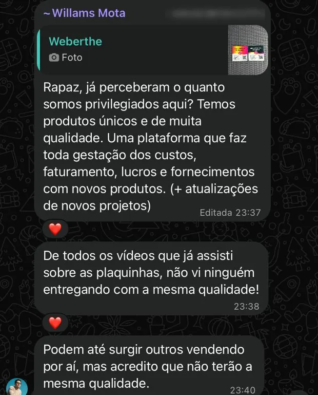 Aluno elogiando a qualidade das placas e a comunidade